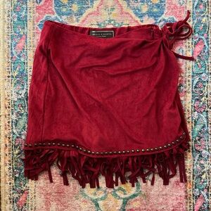 Double D Ranch Red Faux Suede Fringe Mini Skirt Tie Over Short